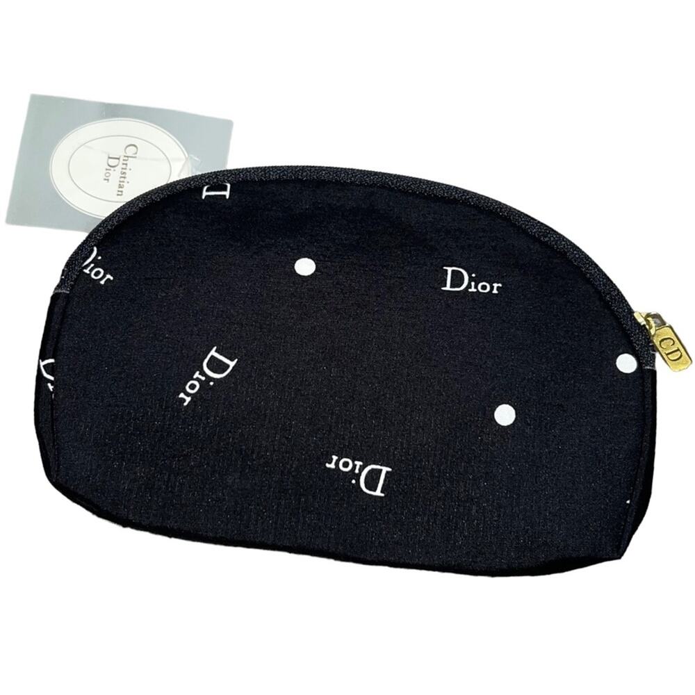 VTG Christian Dior Black Polka Dot Logo Zip Top Makeup a Bag Cosmetic Case Pouch